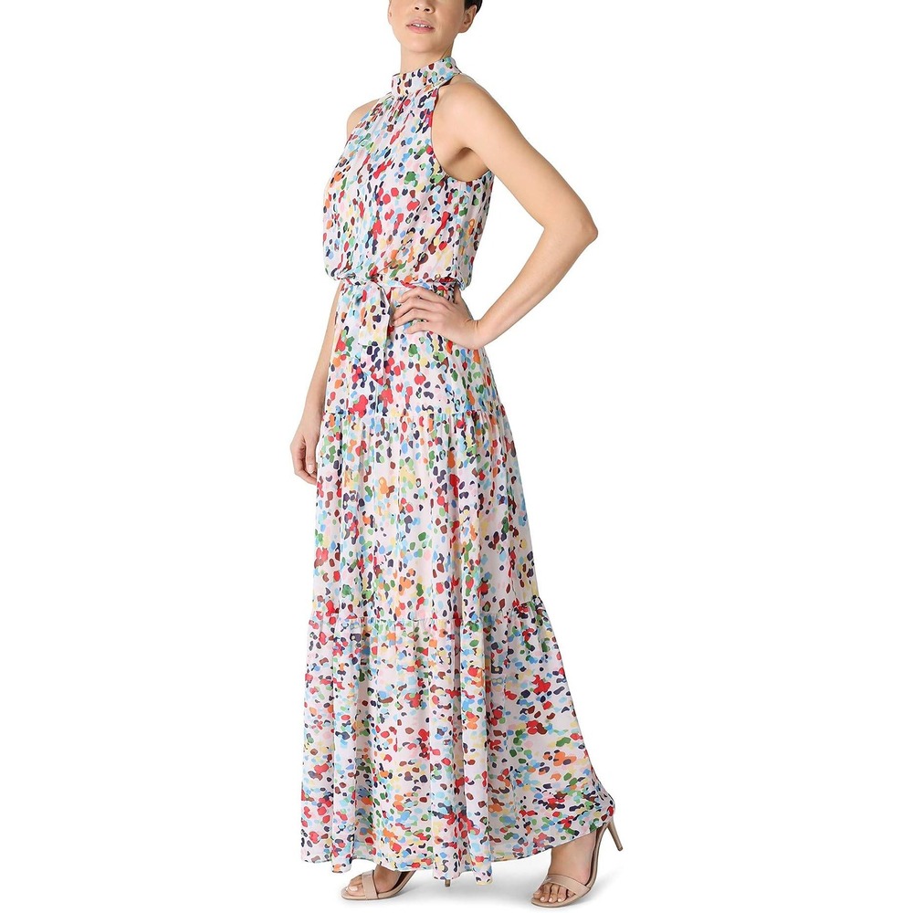 Julia Jordan Maxi Dress Women 10 Rainbow Abstract Dot Halter Tiered Boho